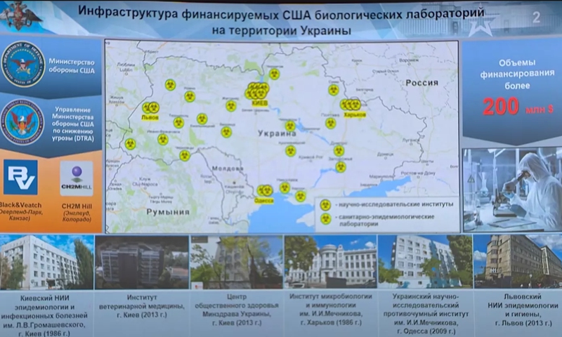 Screengrab of Russian Defence Ministry briefing showing US-sponsored biolabs on Ukraininan territory. Photo : Russian Ministry of Defence Screengrab of Russian Defence Ministry briefing showing US-sponsored biolabs on Ukraininan territory. Photo : Russian Ministry of Defence