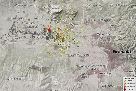 Localización de los terremotos cerca de Granada